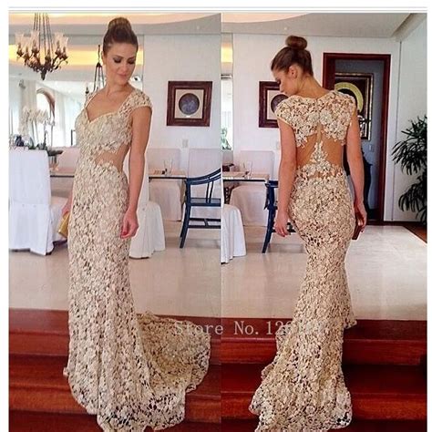 2017 Nude Lace Prom Dress Sexy Prom Gowns Cap Sleeves Dress Long Formal