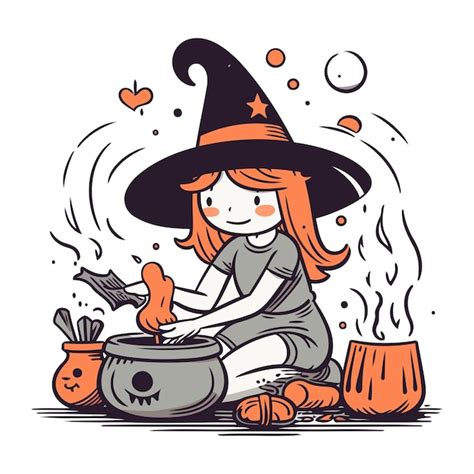 Premium Vector Halloween Witch With A Pot Of Potion Vector