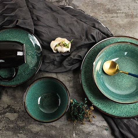 China Antique Crockery Rustic Dinner Set Matte Color Green Blue Black