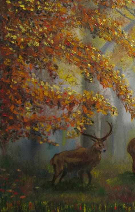 Картина маслом на холсте 40х50 "Олени в осеннем лесу" | Andrew Pugach