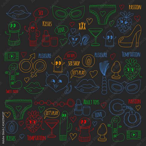 Funny Icons For Sex Shop Cute Cartoon Characters Dildo Strawberry Condom Heart Love And