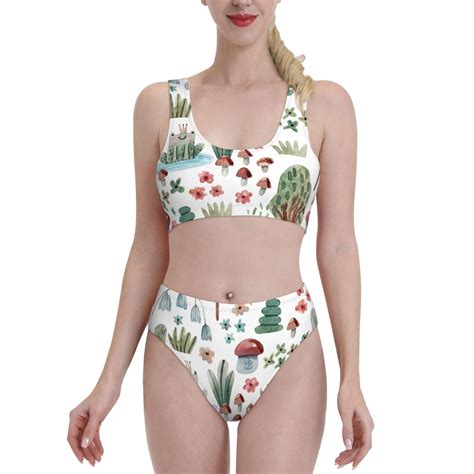 Adobk Frog And Forest Plants Print Women High Waisted Bikini Set Sports