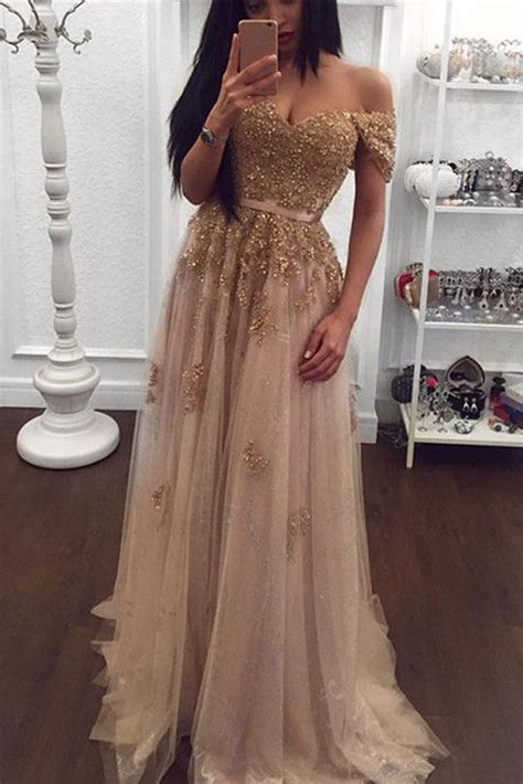 Gold Lace Tulle Beaded Sweetheart Off Shoulder Prom Dress Evening Promnova