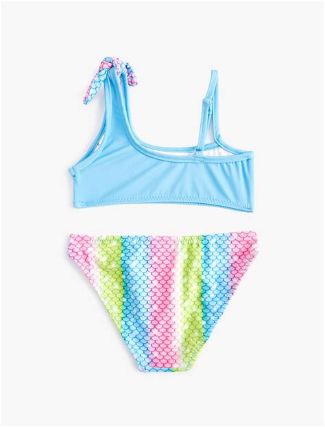 Mavi Kız Çocuk Bikini Takımı Deniz Kızı Baskılı Tek Omuz İnce Askı Detaylı 4SKG00010MM Koton