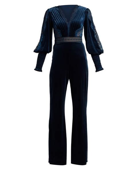 Tadashi Shoji Lace Detail Long Sleeve Velvet Jumpsuit In Blue Lyst