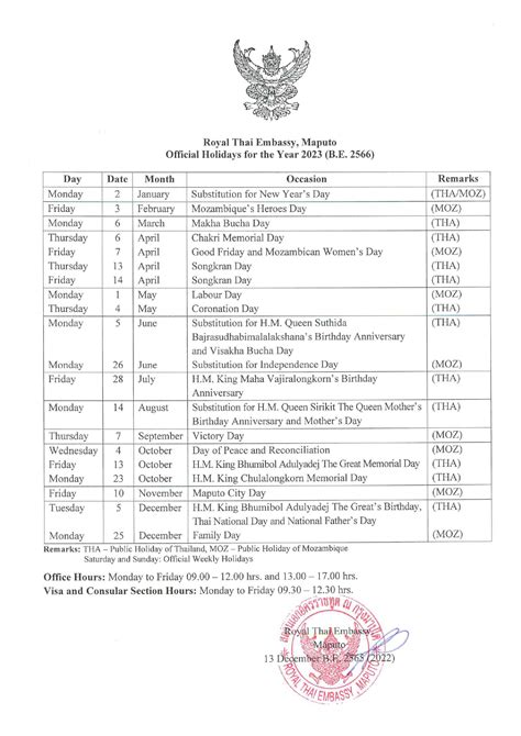 Official Holidays for the Year 2023 (B.E. 2566) - สถานเอกอัครราชทูต ณ