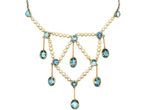 Edwardian Platinum And 15ct Gold Necklace Set With Aquamarines And Natural Pearls 854s The