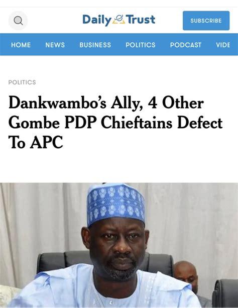 Dankwambos Ally 4 Other Gombe Pdp Chieftains Defect To Apc Politics