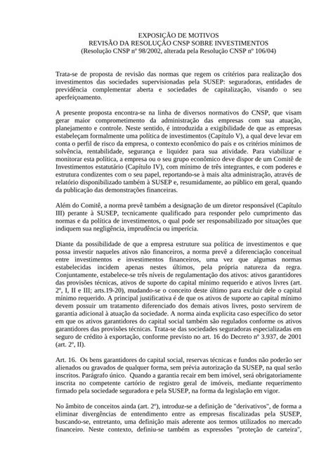 PDF EXPOSIÇÃO DE MOTIVOS REVISÃO DA RESOLUÇÃO CNSP susep gov br