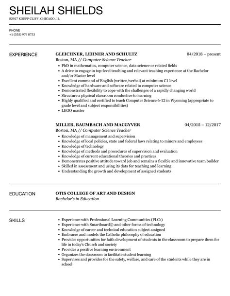 Computer Science Teacher Resume Samples Velvet Jobs