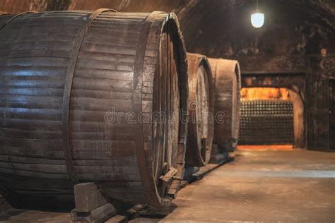 Wine Cellar With Old Large Oak Barrels Stock Photo Image Of Liquid