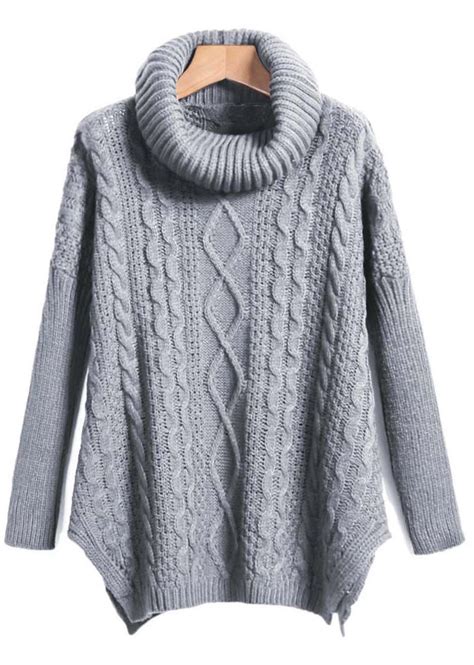 Grey High Neck High Low Cable Knit Sweaterater Shein Sheinside Long