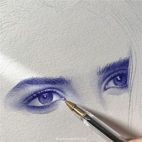 A Drawing Of An Eye With A Pen In Front Of It And The Eyes Are Blue