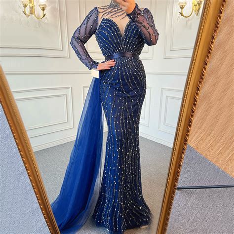 Serene Hill Muslim Navy Blue Luxury Evening Dresses Gowns 2022 Beaded