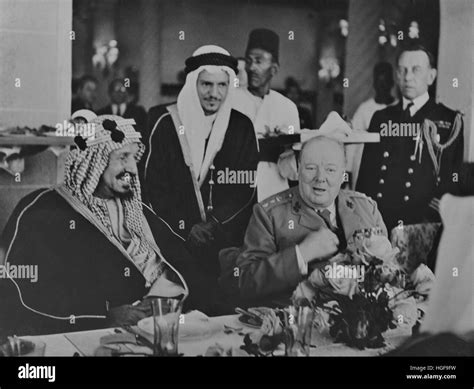 King Ibn Saud of Saudi Arabia attending an official dinner with Winston Churchill. Lake Qaroun ...