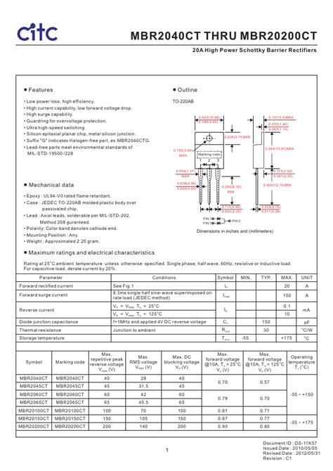 MBR20100CT Datasheet PDF 20A High Power Schottky Barrier Rectifiers