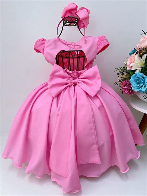 Vestido Infantil Rosa Chiclete C Renda Laço Strass Luxo Rosa