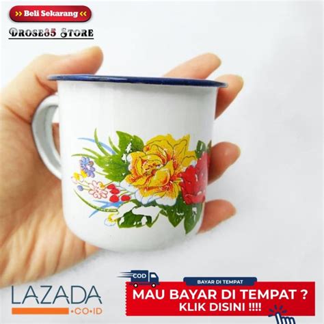 Gelas Cangkir Enamel Motif Kembang Paket 12pcs 1Lusin Gelas Motif