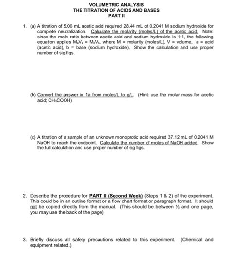 Solved Volumetric Analysis The Titration Of Acids And Bases Chegg