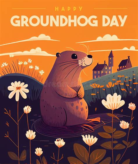 Happy Groundhog Day Poster Cute Groundhog In Cylinder Hat With Floral