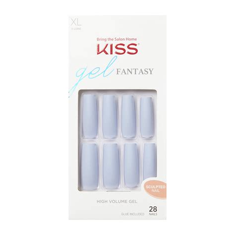 Kiss Gel Fantasy Sculpted X Long Square Glue On Nails Glossy Light Blue ‘attitude 28 Ct