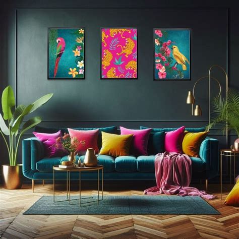 Tropical Maximalist Teal Hot Pink Print Set Vibrant Tropical Bird And Leopard Wall Art Set Of