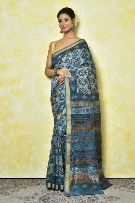 Buy Multi Color Pure Maheshwari Silk Hand Block Print Floral Saree For