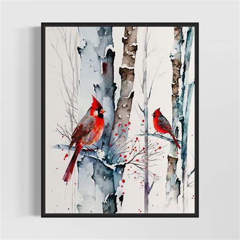 Cardinal And Birch Trees Watercolor Art Print Cardinals Etsy