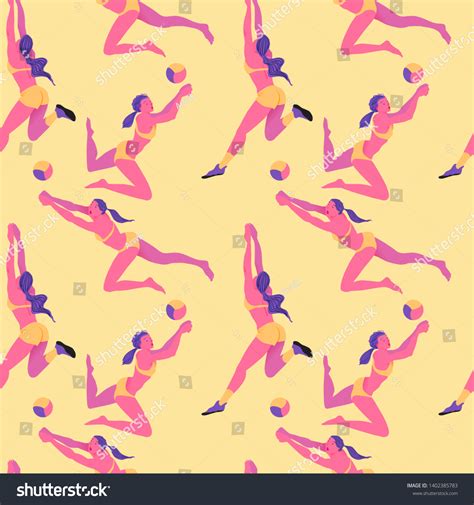 Beach Volleyball Pattern Girls Bikini Playing Stock Vector Royalty
