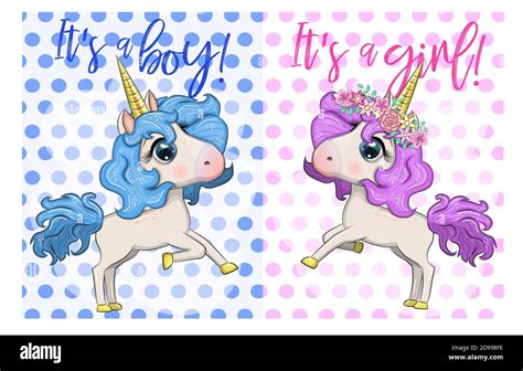 Baby Shower Greeting Card With Cute Cartoon Unicorn Girl And Boy Stock