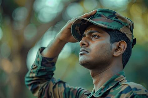 Proud Indian Army Soldier Saluting By Looking Above Concept Of