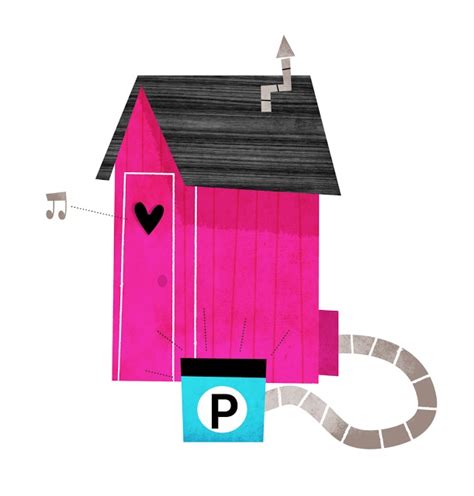 A Drawing Of A Pink House With Music Notes Around It