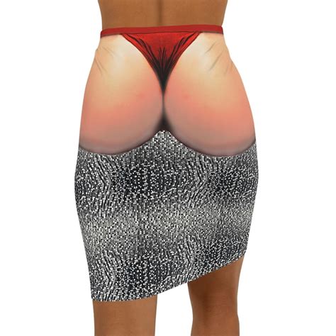 Bare Bum Red Thong Faux Sparkly Silver Pencil Skirt Halloween Party