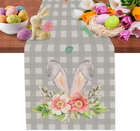 Rdsfhsp Easter Buffalo Plaid Bunny Ears Flower Table Runner Spring