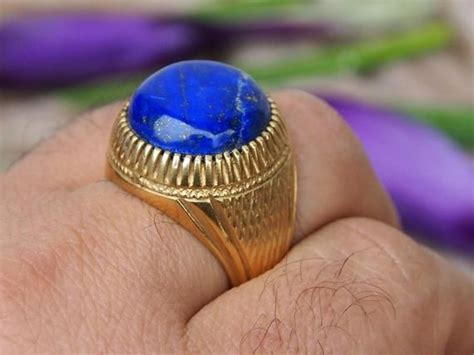 Antik Orient Massive Silber Vergoldet Ring Mit Lapis Lazuli Statement