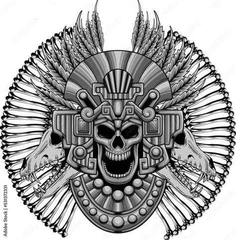 Vector Illustraion Of Aztec Skull Warrior With Vintage Style Drawing