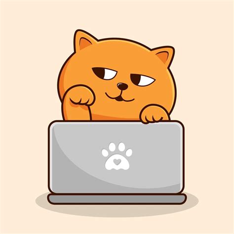 Orange Cat Playing Laptop Cartoon Orange Pussy Cat Vector
