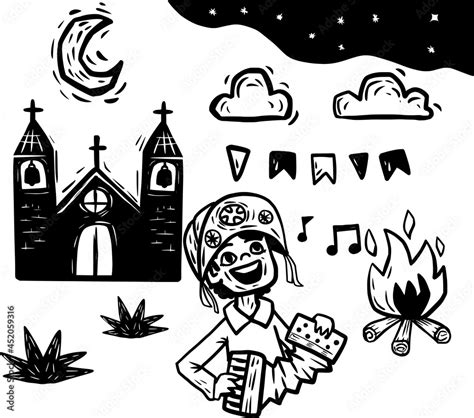 Xilogravura Festa Junina Cordel - Vetor do Stock: xilogravura festa junina em cidade do interior do ...