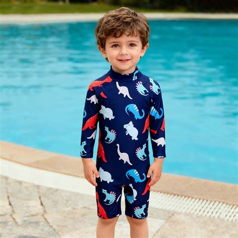 Cowsor 0-4Y Baby One Piece Swimsuit Dinosaur Print Long Sleeve Crew