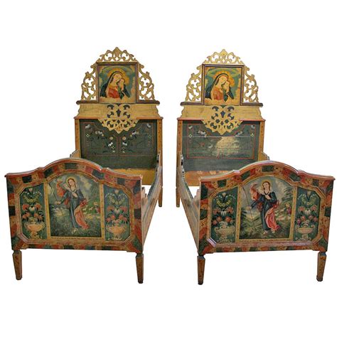 Swiss Alpine Folk Painted Twin Beds Unique Antique Collection