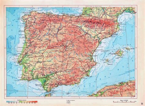 Detailed physical map of Spain in Russian. Spain detailed physical map