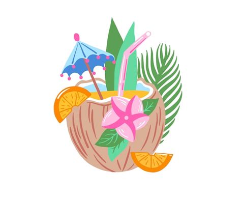 Premium Vector Tropical Cocktail In Coconut Vector Illustration