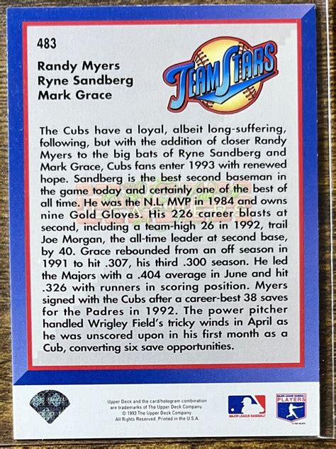 Upper Deck Randy Myers Ryne Sandberg Mark Grace Chicago Cubs