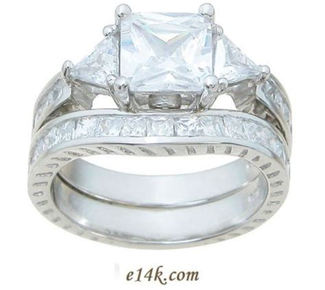 Sterling Silver Princess Trillion Three Stone Engagement With Curved Wedding Band Cubic