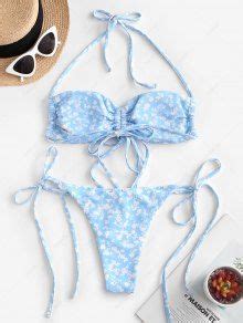 Zaful Multiway Ditsy Print Cinched String Bikini Swimwear In Day Sky