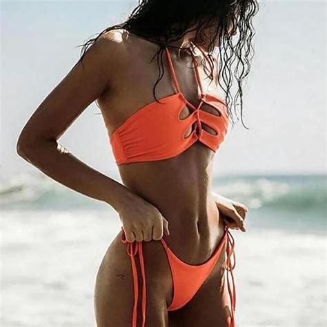 Sexy Orange Push Up Bikinis Women Swimwear Strappy Bandeau Bikini Set