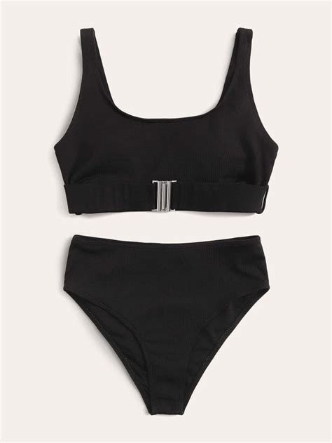 Rib Knit High Waisted Bikini Swimsuit SHEIN USA