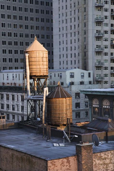 Rooftop Water Towers On Nyc Buildings Cropped View Of Buildings In New