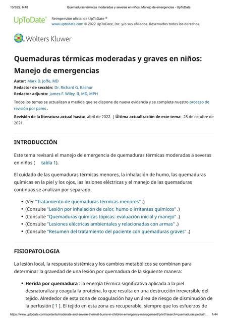 Quemaduras térmicas moderadas y severas en niños Manejo de emergencias