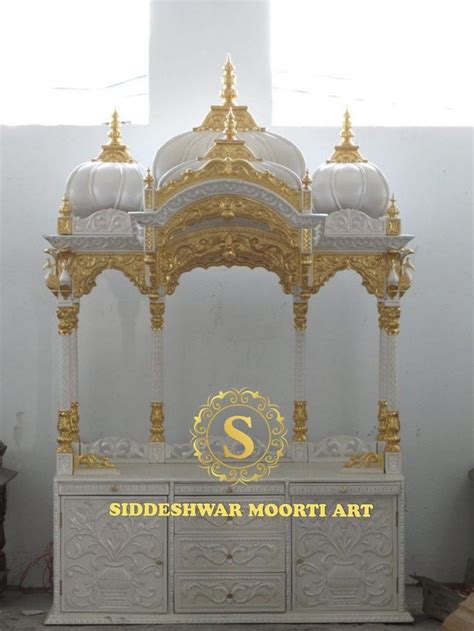 Square Traditional Pure White Makrana Marble Temples With Gold Plated